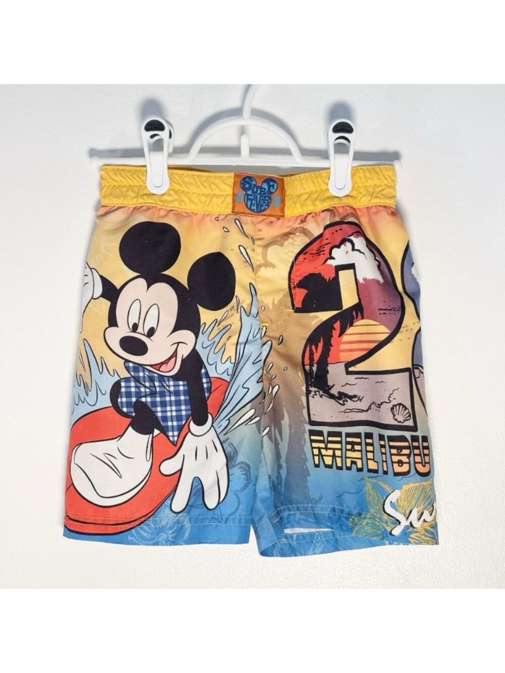 Vintage Disney Mickey Mouse Malibu Surf Swim Trunks Vibrant Summer Graphic Boy